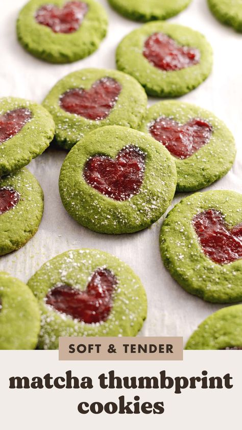 Matcha Raspberry Cookies, Matcha Thumbprint Cookies, Red And Green Cookies, Strawberry Matcha Dessert, Matcha Christmas Cookies, Strawberry Matcha Cookies, Tomato Cookies, Easy Xmas Cookies, One Bowl Cookies