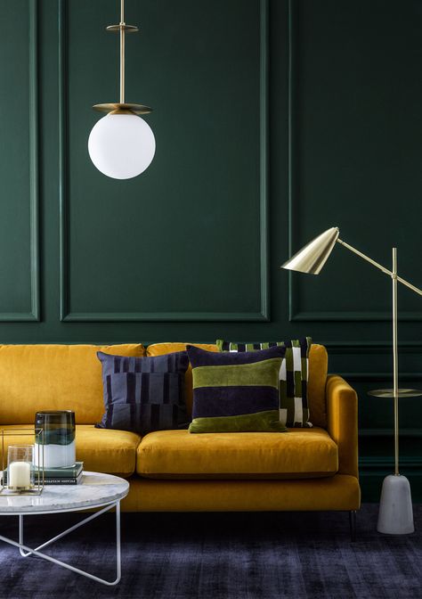 12 times the great British High Street nailed beautiful, brass lighting this season Salon Art Deco, Dark Green Living Room, Yellow Couch, Dark Green Walls, Yellow Interior, Green Walls, Room Color Schemes, Living Room Green, Green Interiors