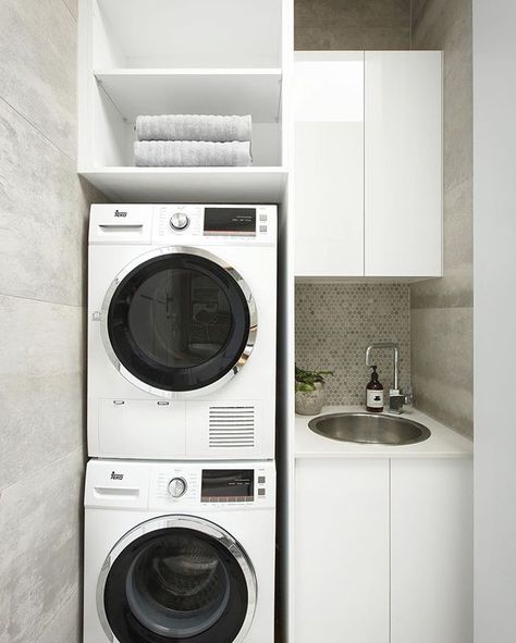 Cute and compact - this is all about making the most of a small laundry space. Beautifully finished with Teka appliances, @caesarstoneau benchtop and tiled splashback. #laundry #design #laundrytolove Laundry Alcove, Small Laundry Space, European Laundry, Laundry Cupboard, Laundry Room Decorating, Laundry Room Storage Shelves, Small Laundry Room Organization, Room Storage Diy, Laundry Design