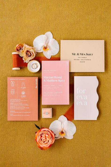 Mid Century Modern Wedding at The Lautner Compound Colorful Wedding Flatlay, West Elm Wedding, Retro Romantic Wedding, Colorful Wedding Stationery, Mid Century Wedding Invitations, Mid Century Modern Wedding Invitations, Colourful Wedding Stationery, Trending Wedding Invitations, Maximalist Wedding Invitations