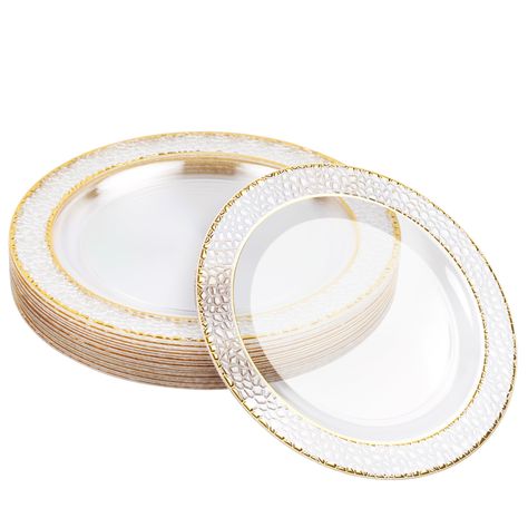 PRICES MAY VARY. Elegant Design: Add a touch of sophistication to any occasion with these premium clear dessert plates featuring a stunning gold border and a unique hammered design for a rustic, artisanal look. Versatile Usage: Perfect for a variety of small dishes including appetizers, bread and butter, snacks, side dishes, cookies, pastries, and desserts like cakes, pies, and tarts. Ideal for tea or coffee time! Durable & Reusable: Made from high-quality, BPA-free materials, these rigid plates