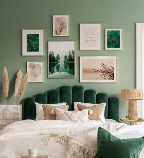 7 Green Bedroom Ideas For A Calming Space Bohemian Bedroom Inspiration, Design Ložnic, Green Painted Walls, Green Bedroom Decor, Interior Room Decoration, Interior Decorating Living Room, Calming Spaces, Gallery Wall Inspiration, Green Walls