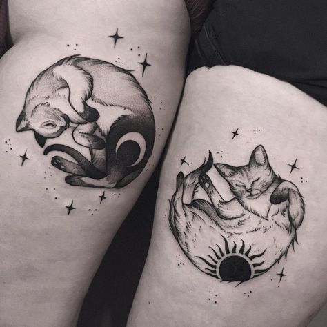 Cat And Moon Tattoo Design, Cat Sun And Moon Tattoo, Blackwork Cat Tattoo, Cat Sun Tattoo, Sun Cat Tattoo, Cat And Sun Tattoo, Ying Yang Cat Tattoo, Moon Tattoo Women, Goth Cat Tattoo