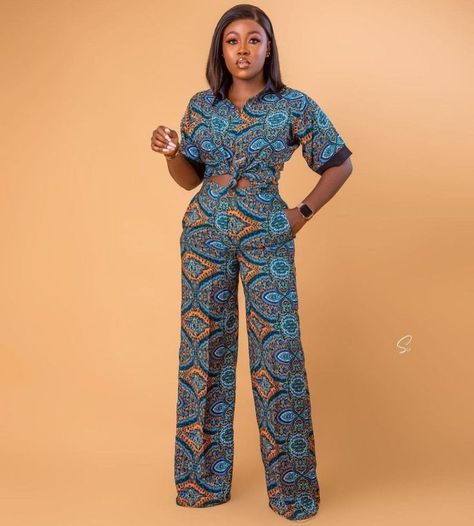 Pallazo trousers// Ankara Jumpsuit// Ankara 2 piece // African Fashion Trouser And Top For Ladies, Ankara Jumpsuit Styles, Ankara Trousers, African Print Pants, Ankara Jumpsuit, African Print Jumpsuit, Latest Ankara Styles, African Fashion Women Clothing, Ankara Style