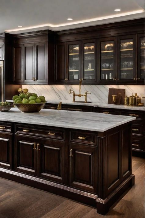 Dark Wood Kitchen Cabinets With Marble Countertops, Cherry Wood Interior Design, Dark Wood Cabinets Kitchen, Wood And Marble Kitchen, Dark Brown Kitchen Cabinets, Mahogany Kitchen, Dark Brown Kitchen, Marble Floor Kitchen, Walnut Kitchen Cabinets