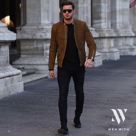 « It's so good to be in team @menwithstreetstyle  Thank you for another feature! » Men Biker Style, Growing Instagram, Suede Jacket Men, Herren Style, Web Platform, Suede Leather Jacket, Mens Fashion Edgy, Mens Fashion Smart, Mens Fashion Rugged