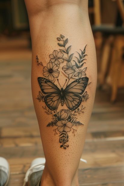 Shoulder Tattoos For Women Non Floral, Woman Calf Tattoo Ideas, Front Leg Tattoos Women, Pices Tattoo Women, Behind Calf Tattoo For Women, Tattoo Back Leg, Pretty Thigh Tattoos For Women, Shin Tattoo Womens, Womens Calf Tattoo Ideas