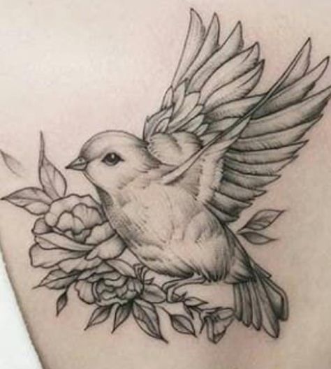 Mocking Bird Tattoo Ideas, Sparrow Tattoo With Flowers, Garden Bird Tattoo, Canary Bird Tattoo, Bird With Flowers Tattoo, Birds And Flowers Tattoo, Canary Tattoo, Memorial Tattoos Mom, Bird And Flower Tattoo