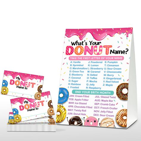 PRICES MAY VARY. 1) Are you planning a donut party and looking for some entertainment ideas? This "What's Your Donut Name" game is an adorable addition to the party. 2) Each pack includes 1 standing sign and 30 pcs stickers, adding a joyful atmosphere to the donut party, giving you an unforgettable party memories in your lifetime! The sufficient quantity and nice combination can meet your party uses and decor needs. 3) The sign is made of 350 grams of coated paper, making the sign thick and hard Doughnut Birthday Party Ideas, Cinnamoroll Party, Donut Names, Donut Party Decorations, Doughnut Party, Donut Birthday Party, Maple Bars, Girls Slumber Party, Pto Ideas