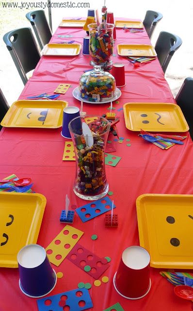 Joyously Domestic: Lego Party Legos Birthday, Deco Lego, Lego Movie Party, Lego Themed Party, Lego Birthday Party, Lego Birthday, Lego Party, 6th Birthday Parties, Lego Friends