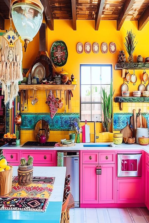 A bold and bright bohemian kitchen with yellow walls, pink cabinets, and colorful Boho Kitchen Decor Ideas, Bright Kitchen Ideas, Boho Kitchen Decor, Bright Kitchen, Bohemian Kitchen, Colorful Kitchen, Bright Boho, Kitchen Decor Ideas, Bright Kitchens