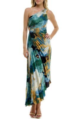 Socialite Print Asymmetric Hem Pleated Maxi Dress in Teal- Bronze Print - Best Deals You Need To See Tie Waist Maxi Dress, Scoop Neck Midi Dress, Maxi Design, Best Wedding Guest Dresses, Elegant Cocktail Dress, Chic Maxi Dresses, Event Outfit, Wedding Guest Dresses, Pleated Maxi Dress