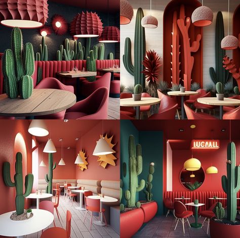 Red walls, cactus, interior design red Funky Restaurant Interior, Tacos Restaurant Design, Korean Restaurant Aesthetic, Restaurant Color Palette, Mexican Restaurant Design, Mexican Restaurant Decor, Monochromatic Interior Design, Colorful Restaurant, Red Restaurant