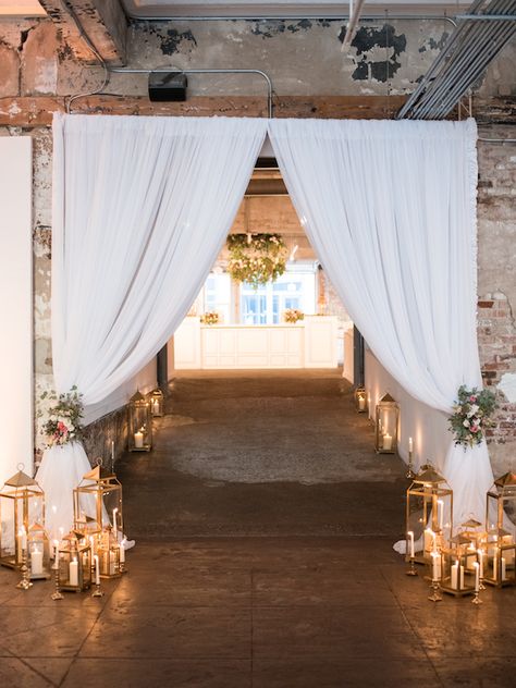 Wedding Reception Entryway, Diy Wedding Entrance Entryway, Wedding Decor Entryway, Candle Entrance Wedding, Twinkle Lights Wedding Reception Indoor, Wedding Entryway Ideas, Wedding Curtain Entrance, Fire Hall Wedding Reception, Wedding Porch Decorations