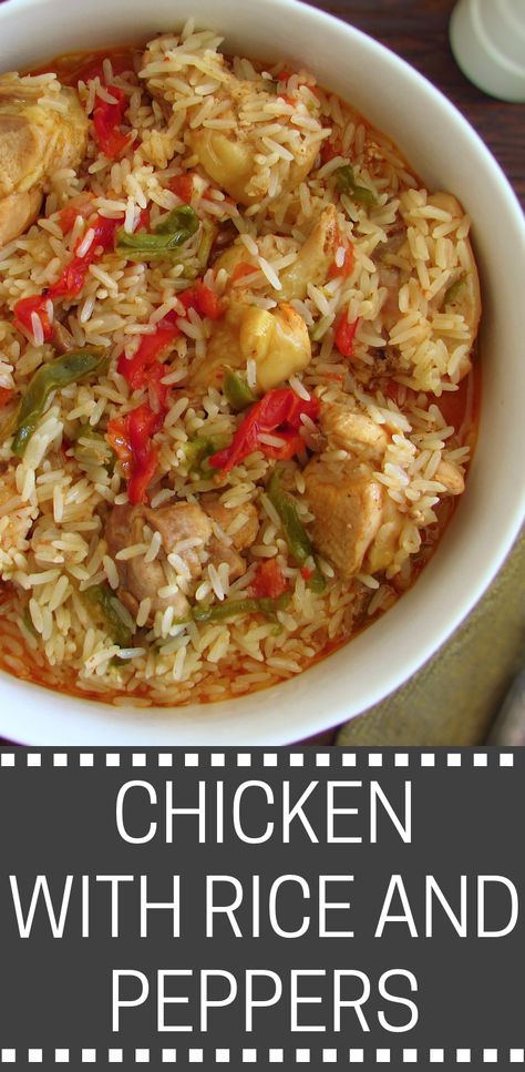 This chicken recipe with rice and peppers is a quick, colorful, nutritious and easy meal to prepare. It’s perfect to present in any occasion! Bon appetit! #recipe #chicken #rice #peppers Chicken Rice Peppers, Chicken Recipe With Rice, Rice And Peppers, Chicken Peppers And Onions, Stuffed Bell Peppers Chicken, Green Pepper Recipes, Recipe With Rice, Chicken With Rice, Easy Chicken And Rice