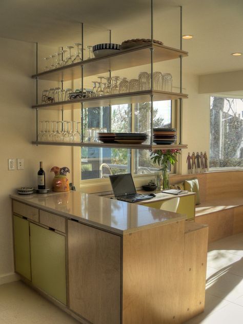 Ceiling Mounted Hanging Shelves Home Design Ideas, Pictures ... Hanging Shelf Kitchen, Kitchen Open Concept, Suspended Shelves, 60s Kitchen, Organiser Cucina, Kitchen Floating Shelves, Glass Shelves Kitchen, Ceiling Shelves, Bar Shelves