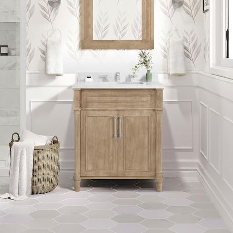 Home Depot Vanity, Oak Wood Stain, 30 Inch Vanity, 30 Vanity, Powder Room Vanity, Carrara Marble Countertop, Small Bathroom Vanities, Powder Room Small, Marble Vanity Tops