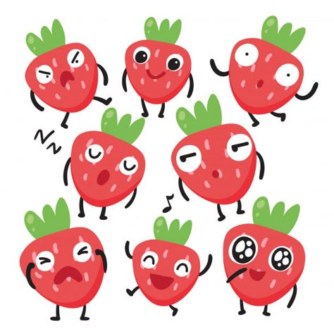 Fruits Character Design, Strawberry Character Illustration, Strawberry Cartoon Drawing, Strawberry Character Design, Strawberry Illustration Cute, Strawberry Doodle, Strawberry Character, Strawberry Vector, Strawberry Cartoon