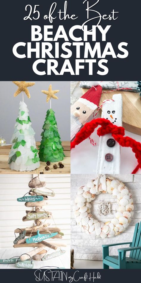 You want to decorate for Christmas- but you either live by the beach, or have a beach themed house. No problem! Beachy Christmas crafts here! #sustainmycrafthabit Holiday Shell Crafts, Beachy Christmas Ornaments Diy, Coastal Christmas Crafts Diy, Summer Christmas Crafts, Beach Christmas Centerpieces, Beach Christmas Diy, Beachy Ornaments Diy, Beach Theme Tree, Homemade Beach Christmas Ornaments