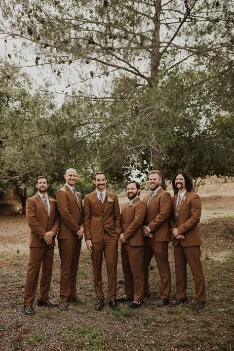 Brown Groomsmen Suits, Groomsmen Outfit Ideas, Brown Suit Wedding, 70s Inspired Wedding, Brown Groomsmen, Groomsmen Outfit, 70s Wedding, Casual Grooms, Groomsmen Outfits