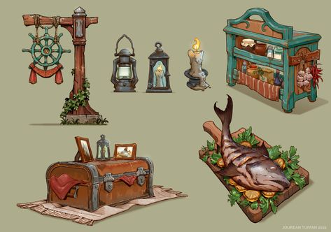 ArtStation - The Teal Wheel, Jourdan Tuffan Prop Drawing, Tavern Owner, Items Reference, Tropical City, Witch Room, Fantasy Furniture, Props Concept, Props Art, Isometric Art