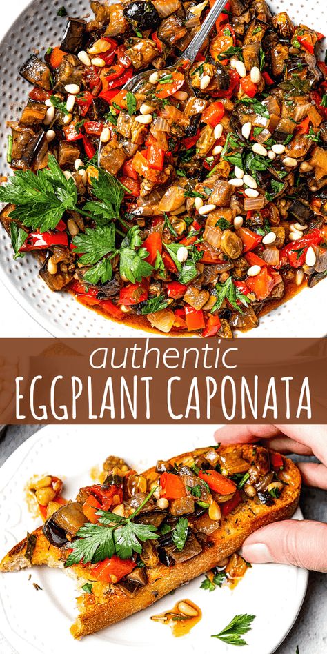 Eggplant Bruschetta Recipe, Eggplant Appetizer Recipes, Eggplant Goat Cheese, Italian Eggplant Recipes, Eggplant Bruschetta, Eggplant Caponata Recipe, Mediterranean Eggplant, Italian Eggplant, Caponata Recipe