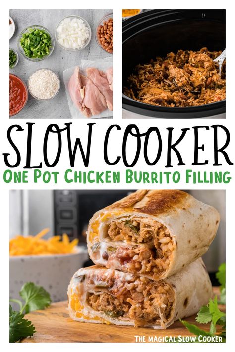 This Slow Cooker One Pot Chicken Burrito Filling has the chicken, veggies, rice and beans; all in one pot! Chicken Burrito Crockpot, Chicken Burrito Bowl Crockpot, Slow Cooker Burrito, Mexican Crockpot, Burrito Filling, Hamburger Casseroles, Slow Cooker Meal Prep, Crockpot Mexican Chicken, Crockpot Mexican