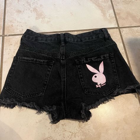 Playboy Black Jean Short With Pink Bunny On The Back Pink Playboy Bunny, Playboy Bunny Outfits, Bunny Outfits, Pink Playboy, Pacsun Pants, Pacsun Shorts, Cuffed Denim Shorts, Bunny Outfit, Festival Shorts