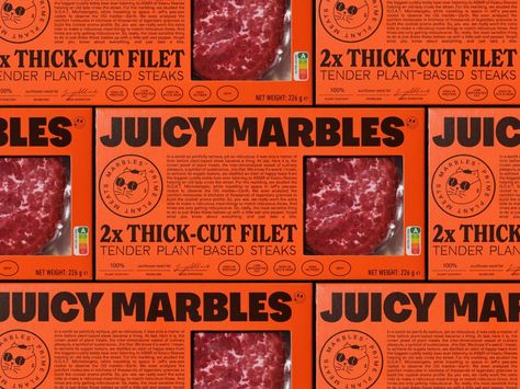 Plant-Based Steak Juicy Marbles' Branding Turns On the Charm With Bright, Maximalist Fun - DIELINE Maximalist Branding Design, Bright Maximalist, Juicy Marbles, Graphic Design Quotes, Goat Meat, Battle Royale Game, Graphic Design Resume, Beer Packaging, Beverage Packaging