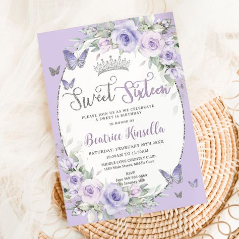 Quince Invitations Purple, Quince Inspiration, Floral Sweet 16, Lavender Invitation, Purple Sweet 16, Silver Butterflies, Pastel Lavender, 16th Birthday Invitations, Sweet Sixteen Invitations