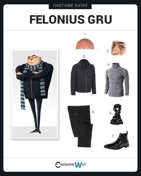 Dress Like Felonius Gru from Despicable Me. See additional costumes and cosplays of Gru. Diy Gru Costume Despicable Me, Minion Movie Outfit, Gru And Victor Costume, Despicable Me Outfit Ideas, Gru Halloween Costume Girl, Diy Despicable Me Costume, Gru Outfit Despicable Me, Gru Minion Costume, Funny Character Halloween Costumes