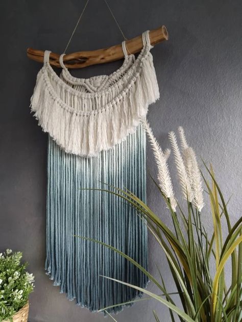 Grey Blue Ombré Wall Hanging Dip Dyed Blue Macrame Dyed | Etsy Bohemia Photos, Ombré Wall, Dyed Macrame, Blue Macrame, Ombre Wall, Small Wall Hangings, Mediterranean Decor, Dip Dyed, Boho Wall Hanging