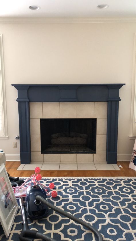 Navy Mantle Fireplace, Navy Blue Mantle, Navy Mantle, Navy Blue Fireplace, Navy Fireplace, Blue Mantle, Blue Fireplace, Fireplace Room, Redecorating Ideas