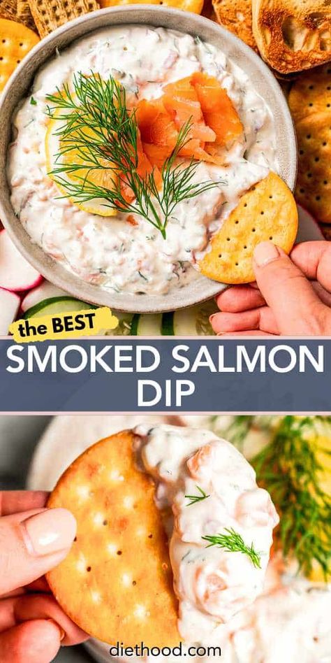 This homemade smoked salmon dip is cold and creamy, with fresh lox, tangy cream cheese, and savory dill. Perfect for parties and brunches! #smokedsalmon #salmon #diprecipe Seafood Appetizers Parties, Salmon Dip Recipes, Appetizers Seafood, Seafood Appetizers Easy, Salmon Smoked, Simple Appetizers, Veggie Appetizers, Dip Dip, Holiday Party Appetizers