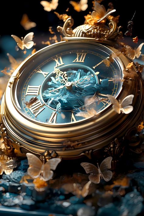 Time Astethic, Forest Animated, Time Travel Aesthetic, Butterfly Clock, Fancy Clock, Clock Aesthetic, Dark Souls Artwork, Time Wallpaper, Clock Tattoo Design