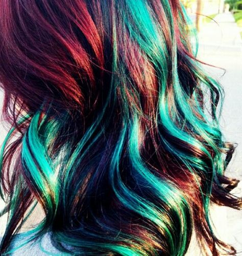 Black, red wine and teal. Original combination. Red And Teal Hair Color, Coloured Streaks In Hair, Copper And Teal Hair, Hair Dyed Streaks, Red And Teal Hair, Teal Hair Color, Teen Hair, Red Hair Extensions, Sweet Hairstyles