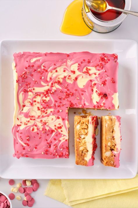 Chocolate blondies like you've never known them before! Our Ruby Choc Blondies are a swirly pink delight for the eyes and the stomach! Chocolate Blondies Recipe, Ruby Chocolate, Chocolate Blondies, White Chocolate Blondies, Dried Berries, Blondies Recipe, Macadamia Nuts, Brown Butter, Macadamia