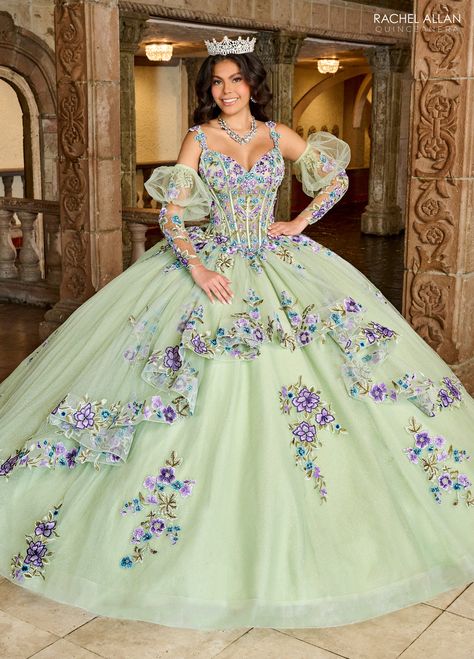 Quinceniera Dresses Quinceniera Detachable Sleeve Long Ball Gown Sage Multi Tiana Quinceanera Dress, Detachable Tulle Sleeves, Vestido Charro, Long Ball Gown, Tulle Ballgown, Tulle Applique, Red Quinceanera Dresses, Rachel Allan Dresses, Black Ball Gown