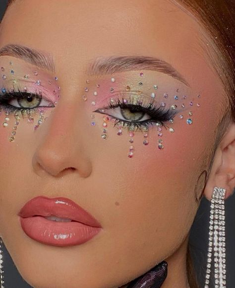 Short Hair Gown Style, Colorful Gem Makeup, Colorful Rhinestone Makeup, Rhinestone Make Up Looks, Diamond Eye Makeup Jewels, Rhinestone Tears Makeup, Rhinestone Face Makeup, Ariel Makeup Look, Fireworks Makeup