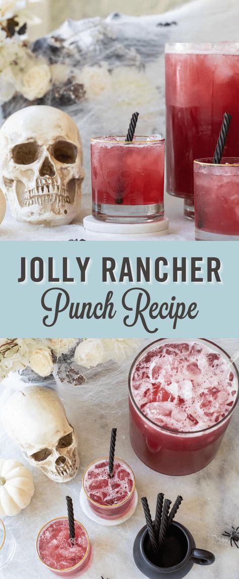 What's Halloween without a Halloween punch?! Our spiked Jolly Rancher punch is perfect for a crowd and full of fruity, candy flavors without being too sweet! It's the most delicious punch for a Halloween pumpkin carving night, or a Halloween movie night or even for a fall harvest party. #HalloweenPunch #HalloweenRecipe #HalloweenCocktail #JollyRancherPunch Spiked Jolly Rancher Punch, Spiked Fruit Punch, Shrunken Head Punch, Halloween Party Chili Bar, Wine Halloween Drinks, Movie Night Drinks Alcohol, Dye Free Halloween Punch, Easy Halloween Alcoholic Drinks For A Party, Halloween Themed Punch Alcohol