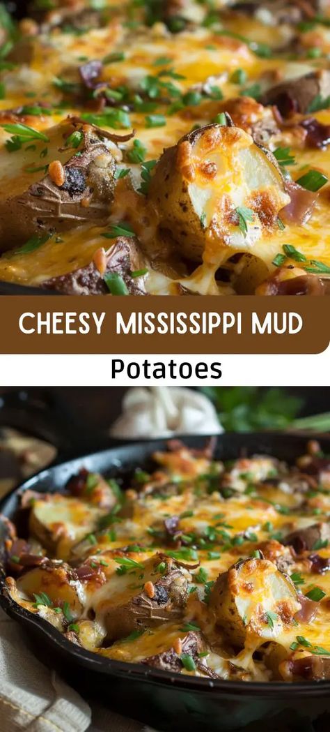 Cheesy Mississippi Mud Potatoes Mississippi Mud Potatoes, Crispy Beef, Cheesy Potato Casserole, Lunch Appetizers, Mississippi Mud, Cheesy Potato, Baked Asparagus, Savory Herb, Potato Side Dishes