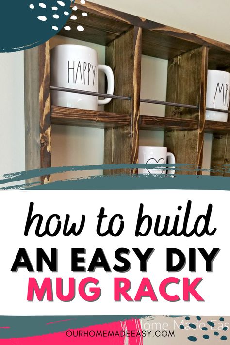 mug rack displaying white mugs Rack For Coffee Mugs, Diy Cup Drying Rack, Diy Mug Storage, Coffee Cup Wall Rack Diy, Kitchen Coffee Mug Display, Coffee Cup Wall Display, Diy Mug Organizer, Ways To Store Coffee Mugs, Mug Shelf Diy