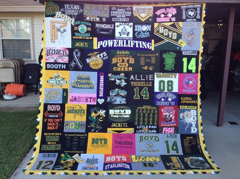 Allie's Senior T-Shirt quilt. This is the biggest and heaviest blanket I have made. It contains her favorite tees and cheerleader uniforms from Jr High to High School. Senior Blanket Ideas, Cheerleader Uniforms, Tee Shirt Quilt, Texas Girls, Shirt Quilts, Jr High, Football Cheer, Tshirt Blanket, T Shirt Quilt