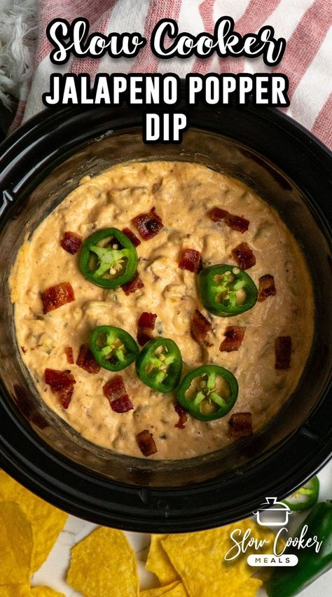 Overhead, look at jalapeno popper dip in a slow cooker. Slow Cooker Dip Recipes, Cheese Dip Crock Pot, Jalapeno Cream Cheese Dip, Slow Cooker Dips, Cheddar Dip, Jalapeno Dip, Jalapeno Popper Recipes, Jalapeno Popper Dip, Crock Pot Dips