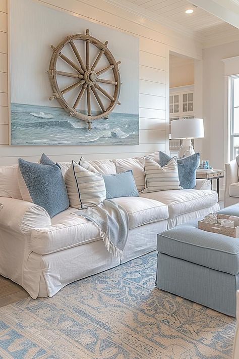 Summer House Decorations, Beachy Decorating Ideas Coastal Style, Ocean Themed House, Coastal Farmhouse Living Room Decor, Beach Aesthetic Home, Beach Living Room Ideas, Beach Theme Living Room Coastal Style, Modern Coastal Living Room Ideas, Beach Themed Living Room