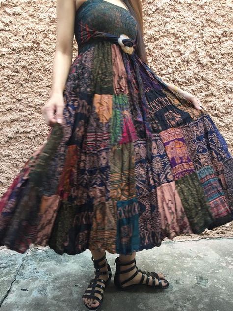 Hippie Patchwork maxi Skirt Dress Festival Boho handmade | Etsy Patchwork Dress Aesthetic, Colorful Boho Dress, Patchwork Flowy Skirt, Unrealistic Clothes, Hippie Fashion Aesthetic, Patchwork Skirt Outfit, Patchwork Dress Pattern, Patchwork Maxi Skirt, Patchwork Dresses