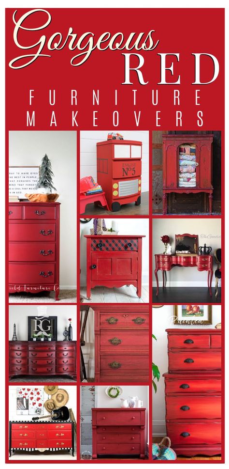 Red Chalk Paint Furniture Ideas, Red Dressers Painted, Red Chalk Paint Furniture, Red Dressers, Red Distressed Furniture, Red Painted Furniture, Red Chalk Paint, Red Dresser, Salvaged Inspirations