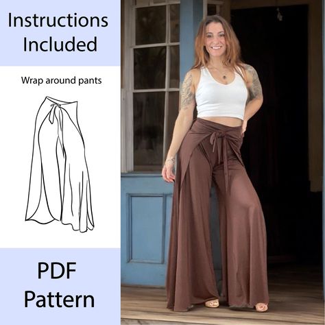 Palazzo Wrap Pants Sewing Pattern, Beginner Pattern, Comfy & Easy Wrap Pants, Palazzo Pants, Summer Wide Leg Pants Women, High Waisted - Etsy Tie Pants Pattern, Flowy Pants Pattern Sewing, Sewing Boho Clothes, Wrap Around Pants Pattern, Wrap Pants Pattern Free, Wrap Pants Pattern Diy, Wrap Trousers Pattern, Easy Pants Sewing Pattern, Wrap Pants Sewing Pattern