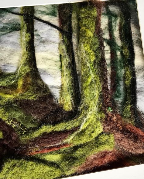 WIP . More layers added to build up the forest floor. I’ve felted thick mats of wool, then cut shapes of moss and felted them in to give the depth. Lots more to do ! Have a special commission I’m working on as well , something very different to work on 😊.#wip #wipfolksy #needlefeltedpicture #woolart #fibreartist #yorkartist #natureinspired #paintingwithwool #trees #folksyshop Wool Felt Landscapes, Felting Pictures Ideas, Needle Felted Trees, Needle Felted Pictures, Needle Felted Landscapes, Needle Felting Pictures, Felting Landscapes, Needle Felted Tree, Felted Tree