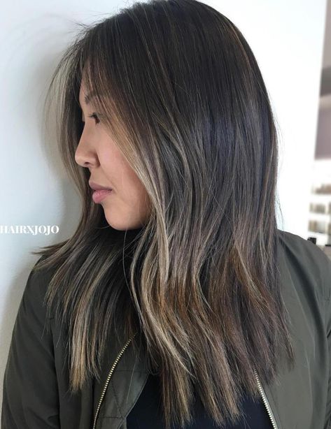 Asian Hairstyle With Partial Ash Highlights Asian Hair Highlights, Ash Highlights, Asian Balayage, Asian Hairstyle, Partial Balayage, Balayage Hairstyles, Blonde Balayage Highlights, Blond Balayage, Balayage Hair Dark